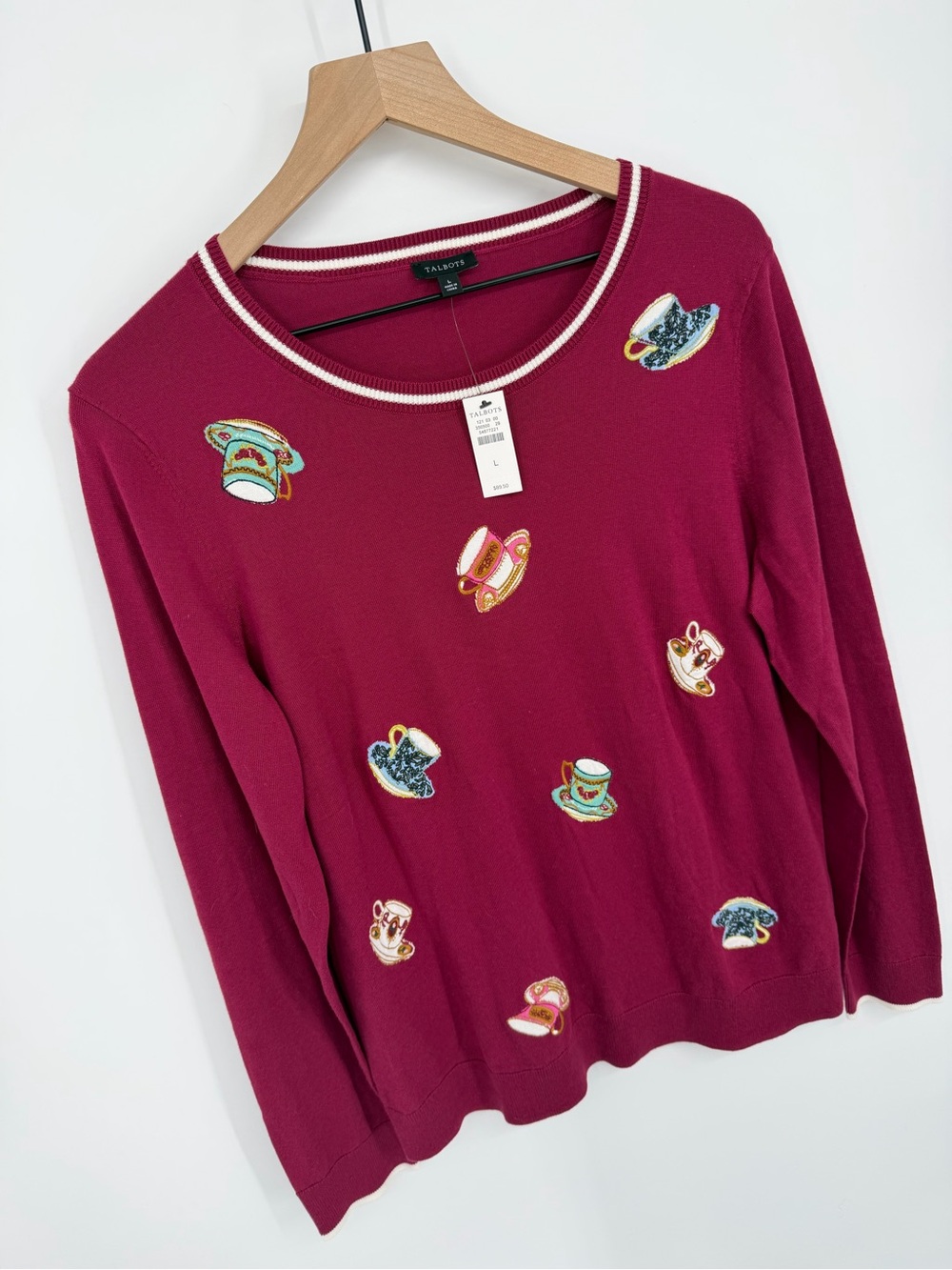 Talbots Teacup Sweater Women L NWT Magenta Embroidered Novelty Knit Preppy Twee - Picture 5 of 10